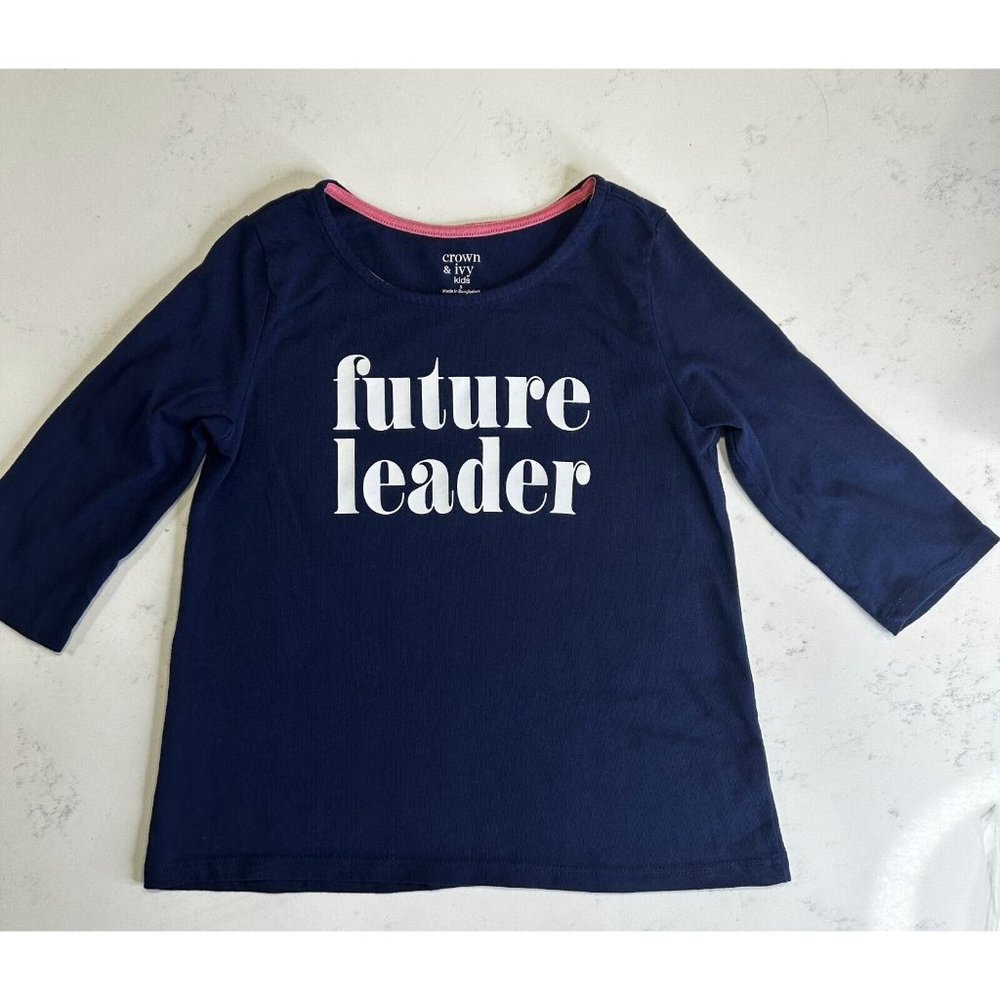 Crown & Ivy Shirt Girl Size Small Blue Cotton Crewneck Long Sleeve Future Leader